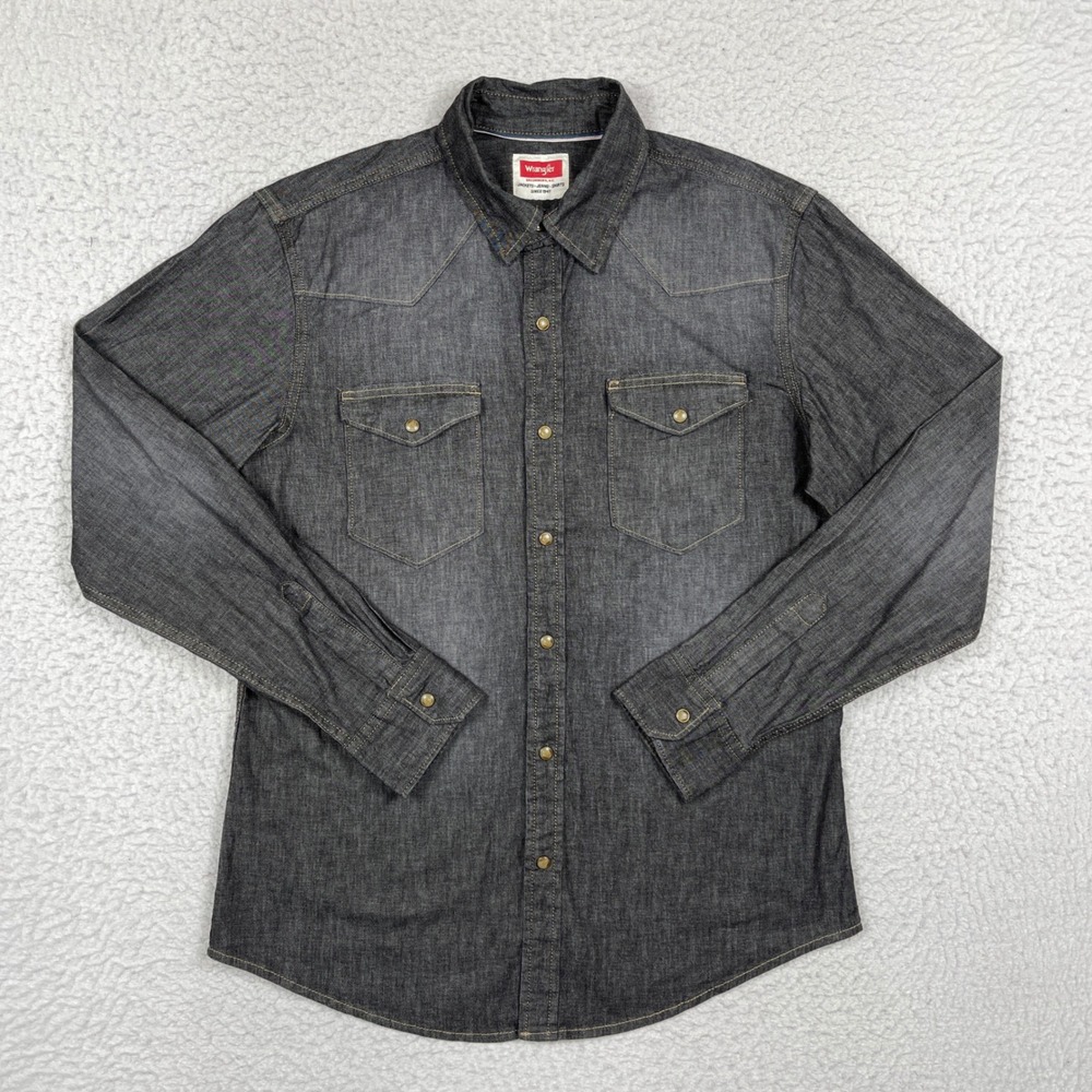 Wrangler Western Shirt Mens Medium Black Denim Snap Front Cowboy Rugged Workwear